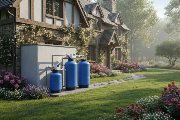 Whole house water filtration system installed at a cottage-style home