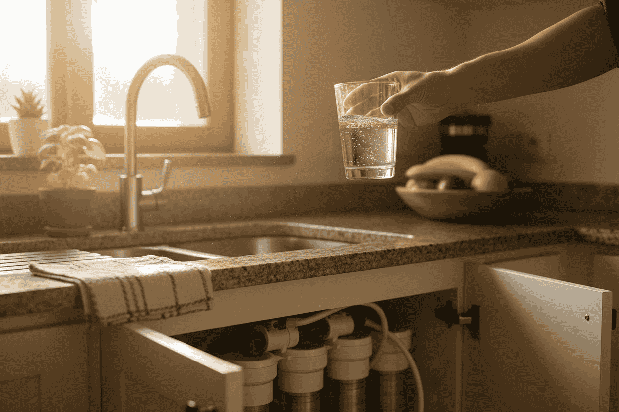 Filling a glass of water at the kitchen sink with an RO system installed below