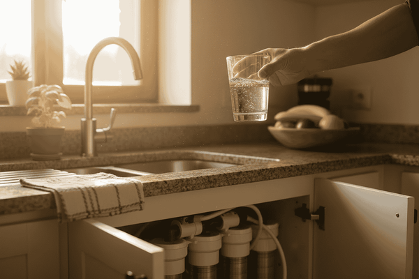 Filling a glass of water at the kitchen sink with an RO system installed below