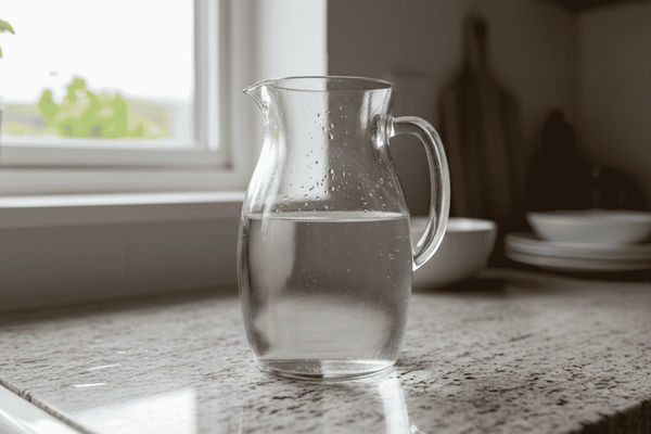 Glass water jug on a kitchen counter in natural light