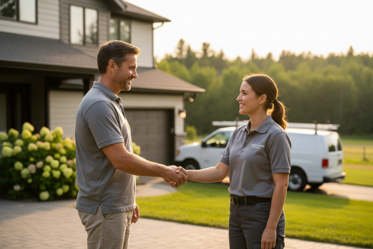 Homeowner meeting with a water filtration technician