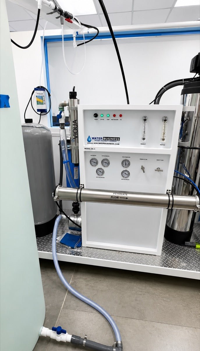 Commercial reverse osmosis system with pressure gauges and UV treatment at Clean River Water Store